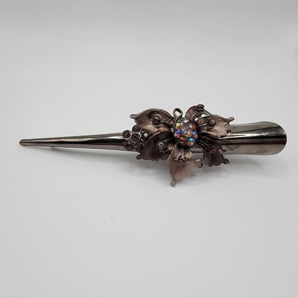 Vintage Hair Clip Heavy Bronze‎ Tone And Floral Bar Barrette Wedding Formal